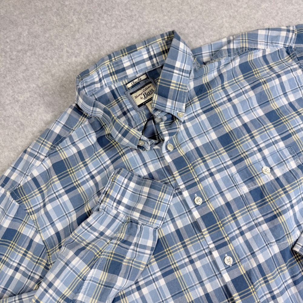 G.H. Bass Heritage Collection Shirt Mens XL Blue Plaid Excellent Slim Fit Cotton
